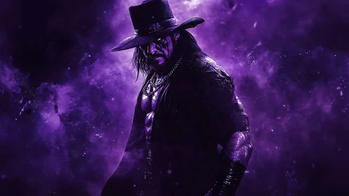 Brooding dark figure wrapped in swirling purple mist.