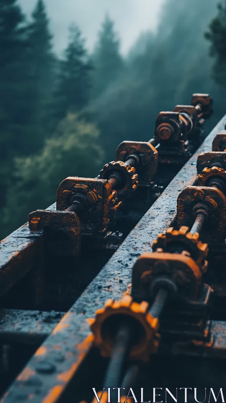 Rusty mountain gears resting quietly in the misty forest.