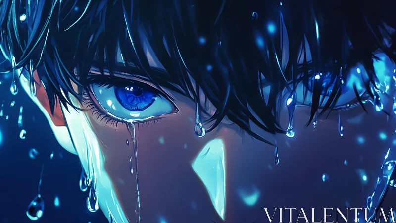 Hydrated blue gaze under specular neon aquatic illumination.