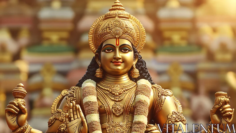 Golden deity statue welcomes viewers with calm radiant grace