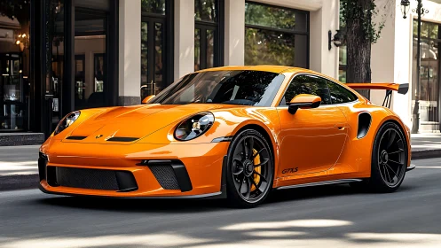 Orange sports coupe parked on city street in daylight.