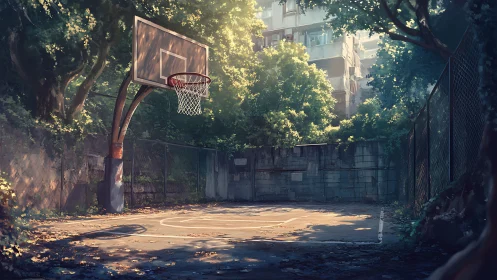 Sunlit urban courtyard court with lush overgrown perimeter.