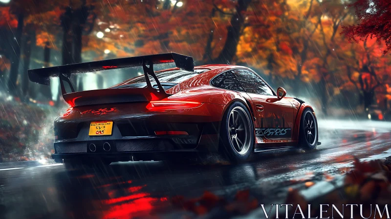 Rain-soaked red sports car powers through an autumn forest