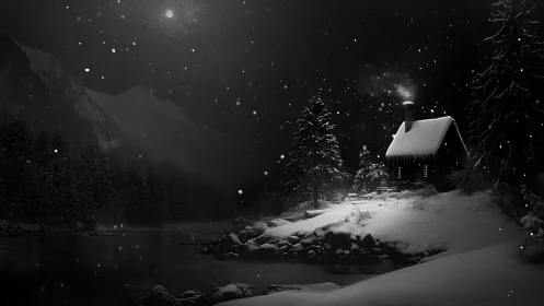 Snow covered riverside cabin at night under full moon.