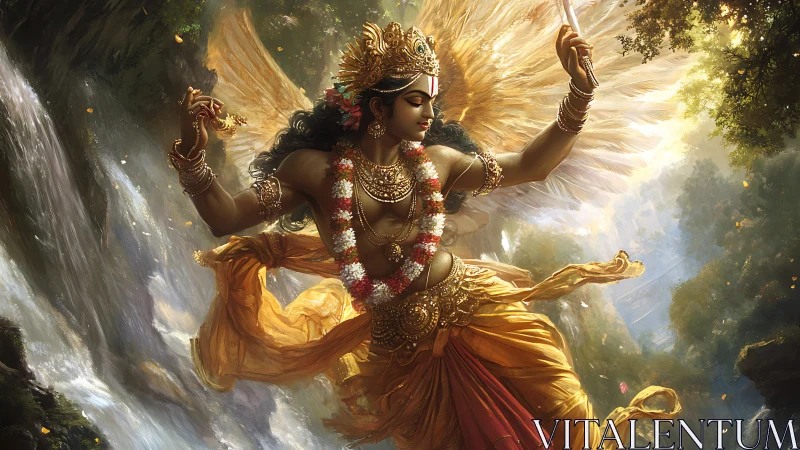 Divine winged deity dances over cascading jungle waterfall