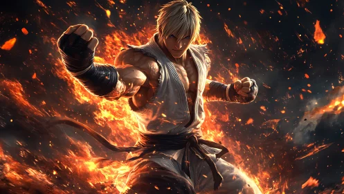 Blond martial artist framed by swirling flames in battle stance.