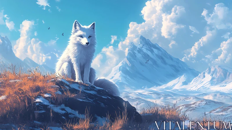 Snow fox monarch surveys a sunlit kingdom of blue peaks