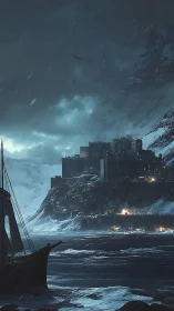 Storm-lashed fortress overlooks icy bay under moody night sky