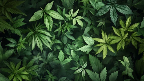 Lush cannabis foliage pattern with layered green leaves.