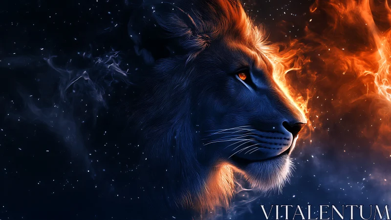 Lion head rendered in glowing blue and orange cosmic light