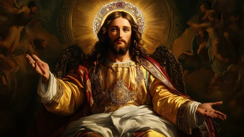 Radiant Christ figure extends blessing in luminous golden glory
