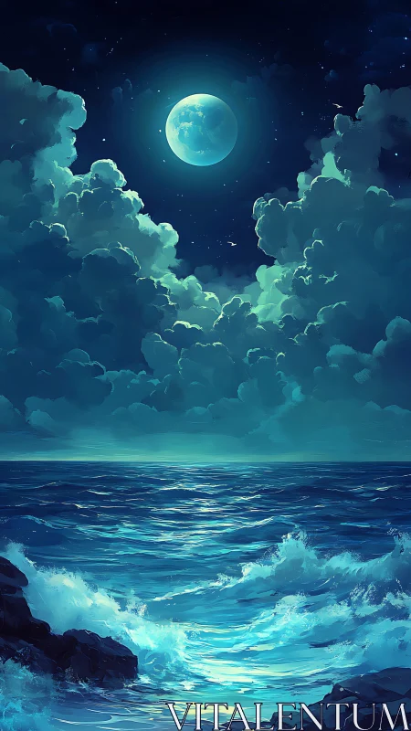 Moonlit ocean horizon under towering teal storm clouds.