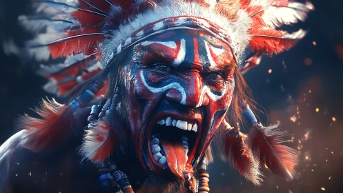 Digitally rendered warrior figure with painted face and headdress.