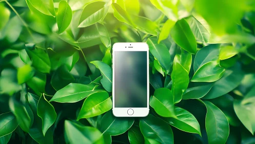 Smartphone with blank screen centered in dense green leaves.