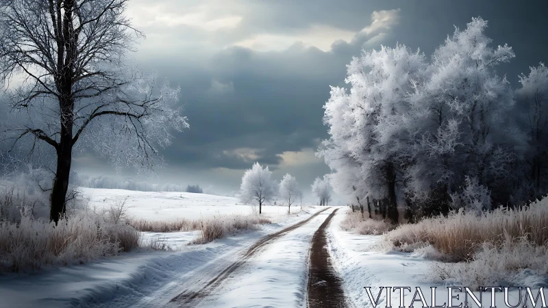 Snowy country road cutting through frosted winter trees.