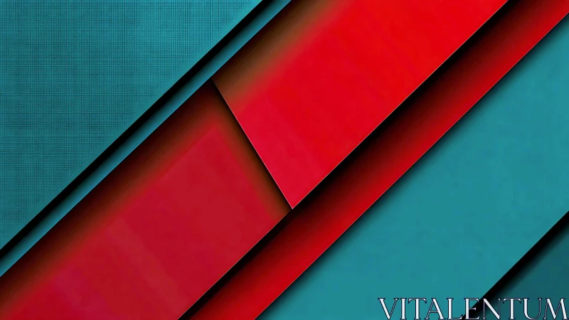 Geometric diagonal layers in red and teal color fields.