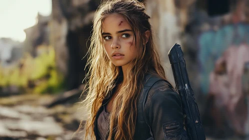 Battle-worn young survivor stands armed in ruined urban zone