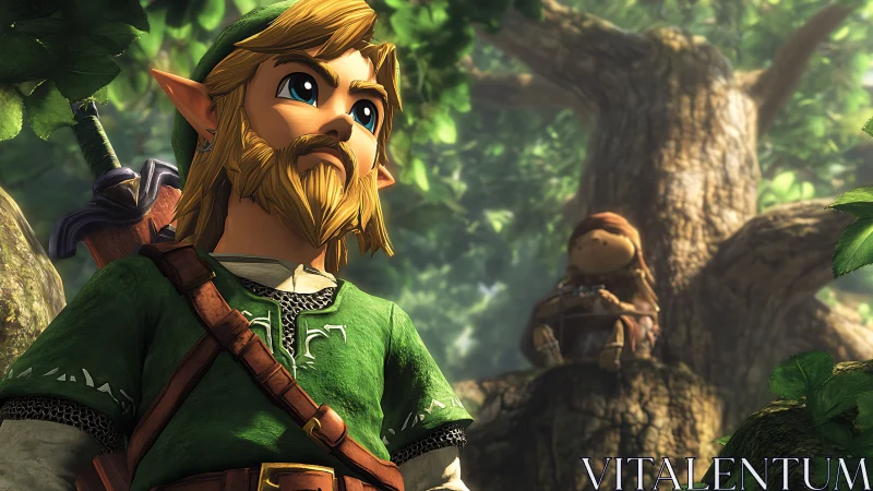 Heroic elf warrior stands vigilant beneath an ancient tree canopy