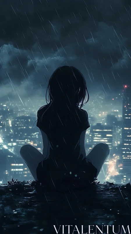 Rain-soaked silhouette watching distant neon city lights.