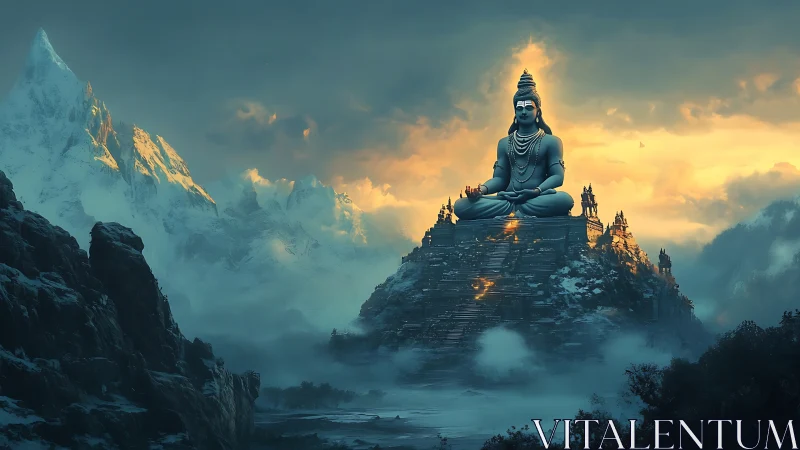 Colossal mountain deity statue overlooks misty temple valley