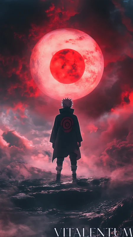 Backlit anime figure studies massive red celestial eclipse sphere