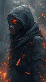 Hooded gas mask wanderer in burning postwar ruins.