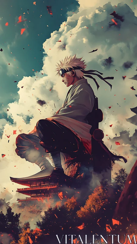 Stoic ninja silhouette above pagoda in burning autumn sky.