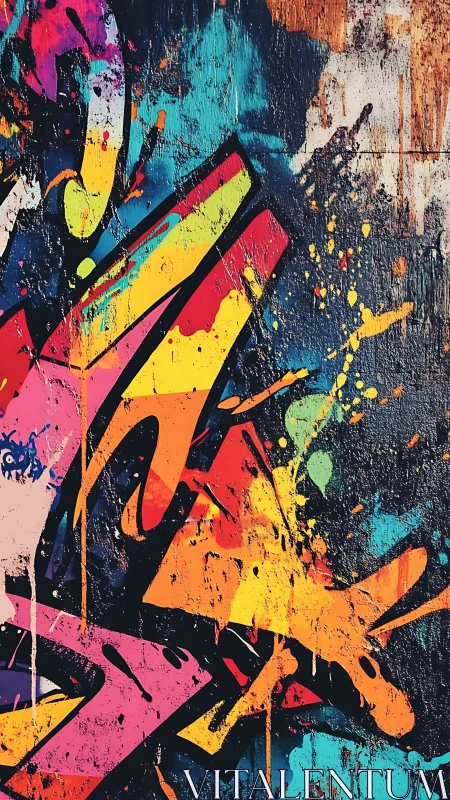 Layered multicolor graffiti splashes on textured wall surface.