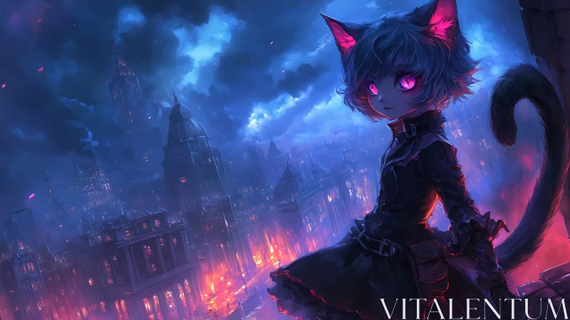 Neon-eyed catgirl overlooks burning neo-gothic cityscape.