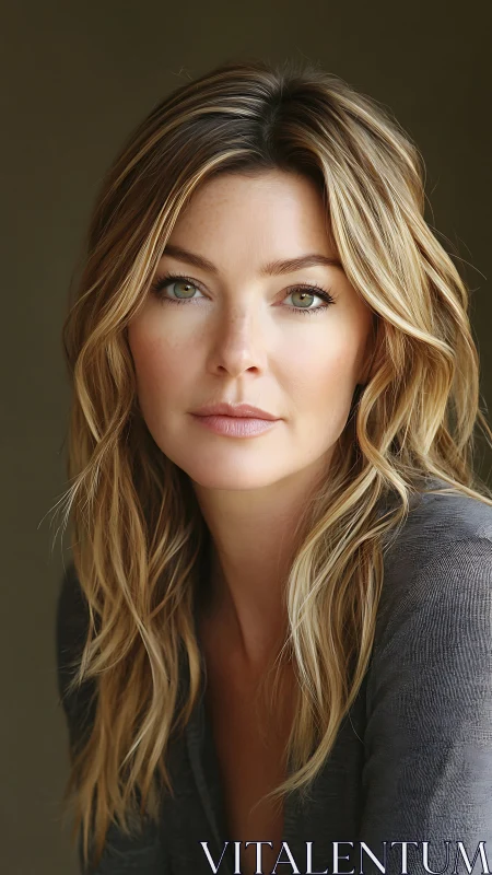 Calm portrait of woman with wavy blonde hair, neutral gaze.