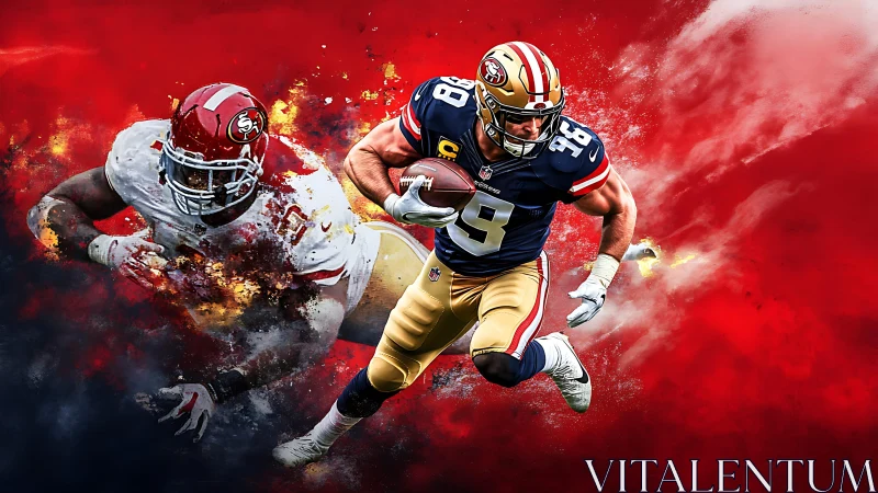 Dynamic football clash with 49ers running back in motion.