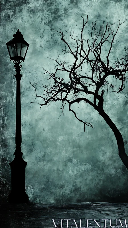 Streetlamp and winter tree silhouettes frame a moody nocturnal scene