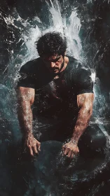 Muscular man erupts through dark splashing water in motion