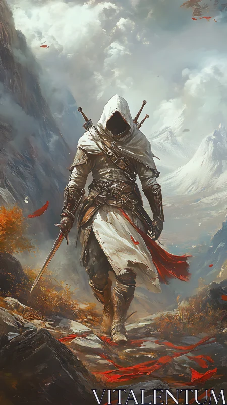 Lone hooded wanderer strides through wild mountain winds.