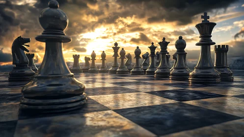 Metallic chess pieces on board under low sunset sky.