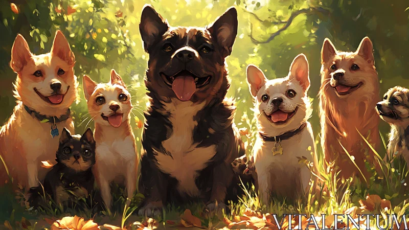 Sunlit circle of happy dogs and cats enjoys the forest glow