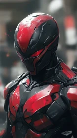 Crimson armored cybernetic warrior in reflective exosuit profile.