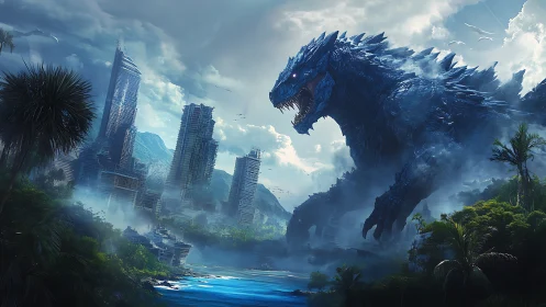 Colossal sea monster storms a futuristic coastal skyline.
