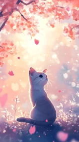 White Cat Contemplates Pink Petals in Luminescent Garden Reverie