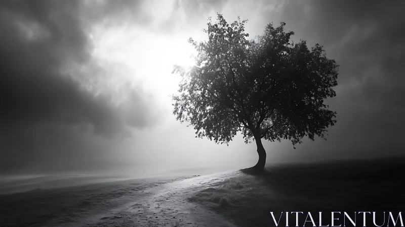 Backlit solitary tree anchors foggy grayscale landscape study