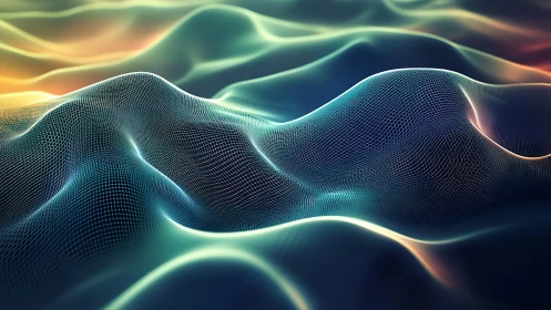 Abstract digital terrain waves with luminous mesh surface.
