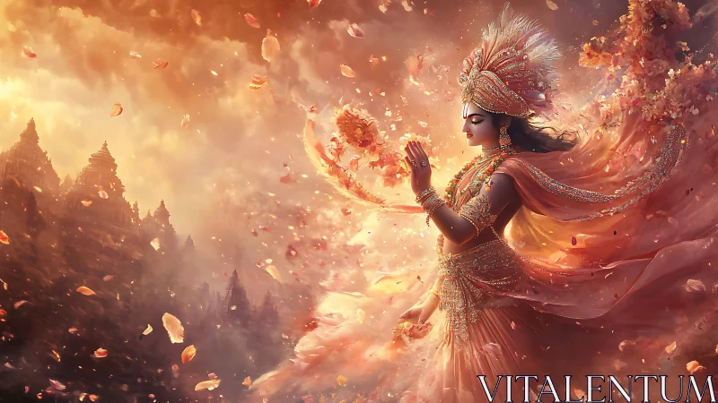 Divine goddess in radiant petals over mystical temples.
