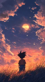 Backlit child studies dramatic sunset sky with volumetric clouds