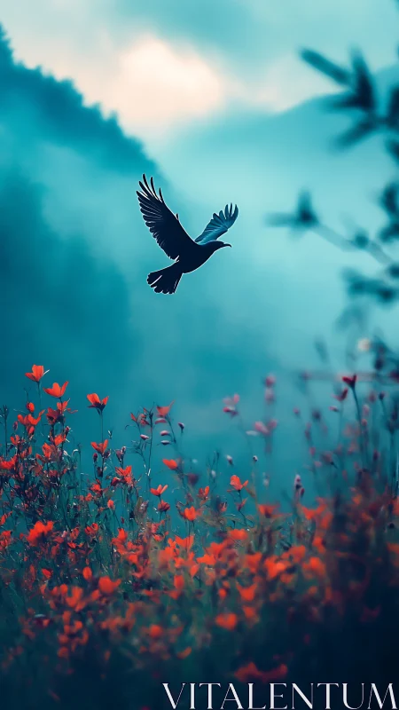 Silhouetted bird soars above crimson meadow at teal dawn.