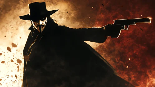 Masked gunslinger strides through shrapnel kissed twilight.