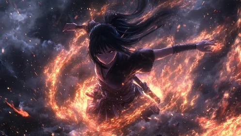 Fire-wreathed anime warrior explodes through a stormy sky