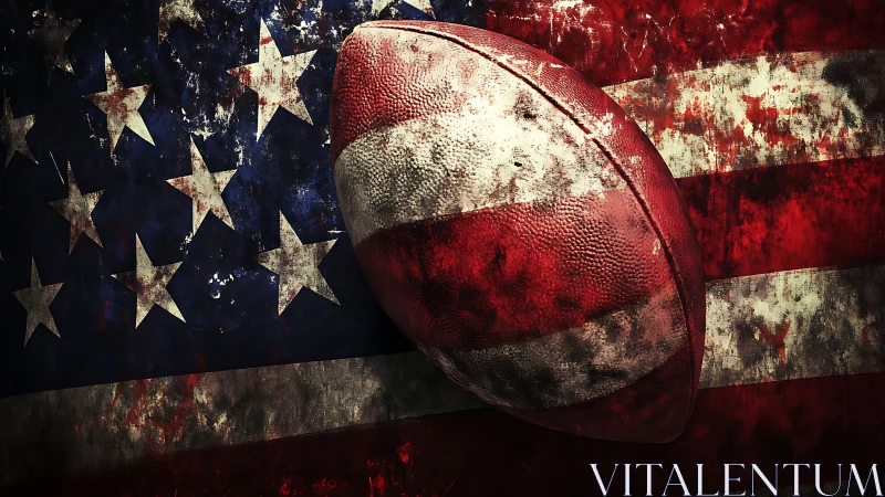 Weathered American football resting on a bold flag backdrop.