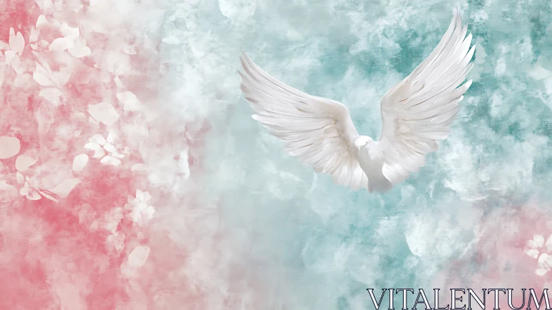 White dove with spread wings flies across pastel background