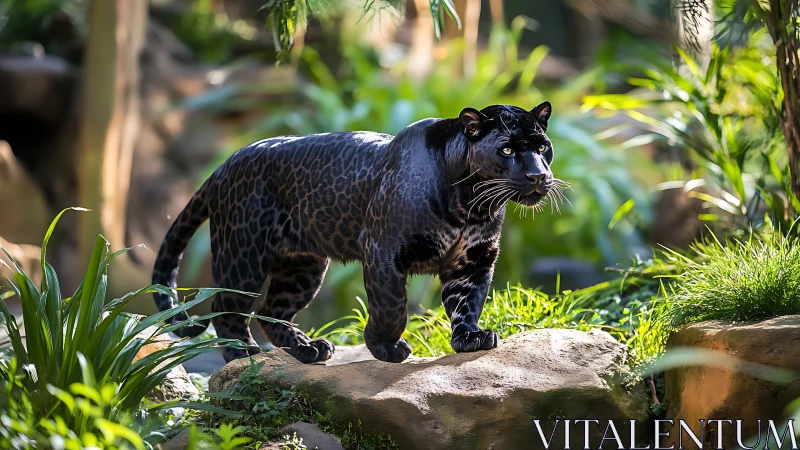 Black Leopard in Rainforest Habitat: Melanic Felid Specimen.