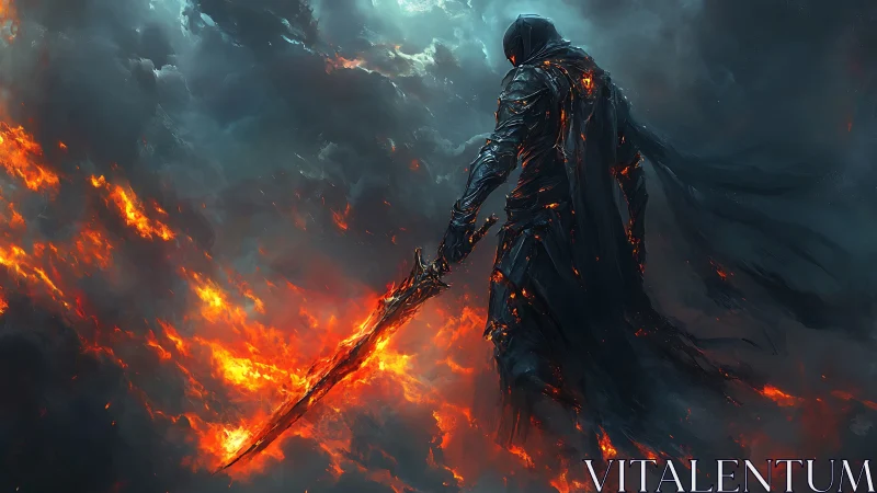 Hooded armored figure holds flaming sword amid dark clouds